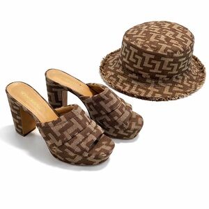Shoe Dazzle Brown patterned slides & matching bucket hat set  4 3/4” heel